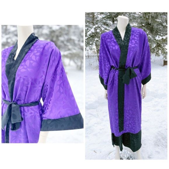 80s Diamond Tea Satin Loungewear Set Kimono Sleeve Duster Robe Trousers Purple B - Picture 1 of 16